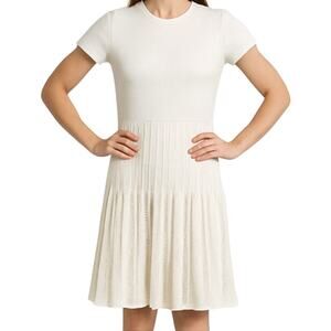 Alaia Fit & Flare Dress Pleated Eyelet Knit Crew Neck Viscose Silk White 40 8 L